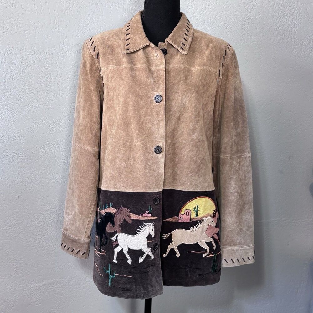 VTG Quaker Factory Leather Jacket Western Horses Embroidered Size L